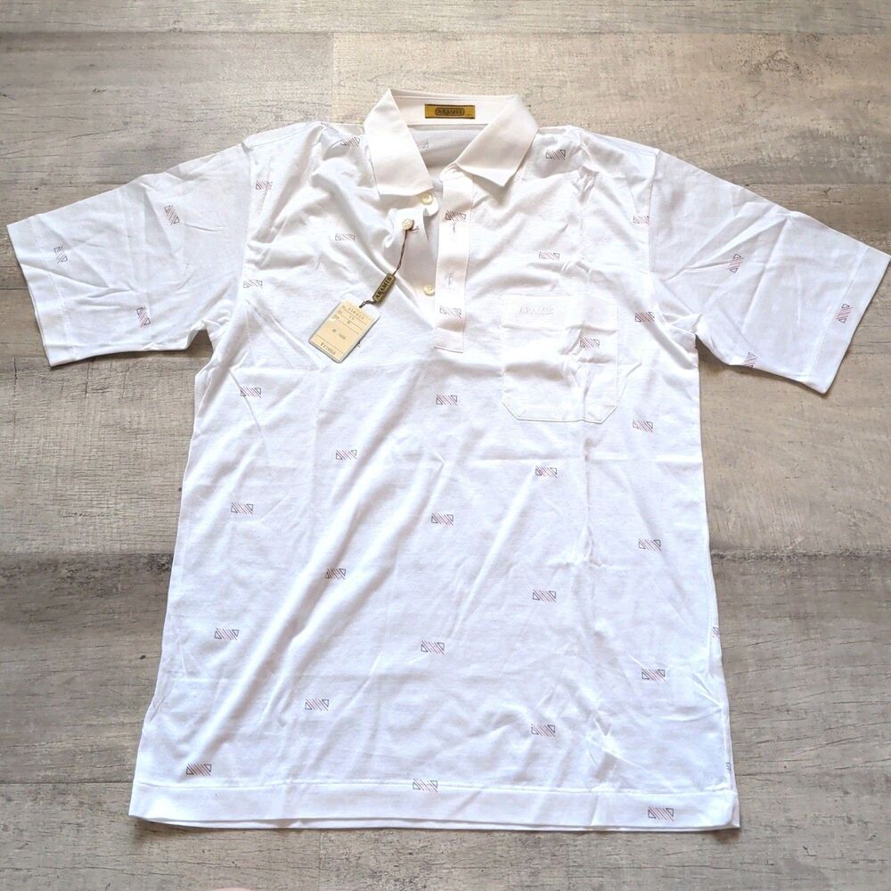 ​VTG Aramis Polo Shirt Mens Medium White Geometric Triangle All Over Print NWT